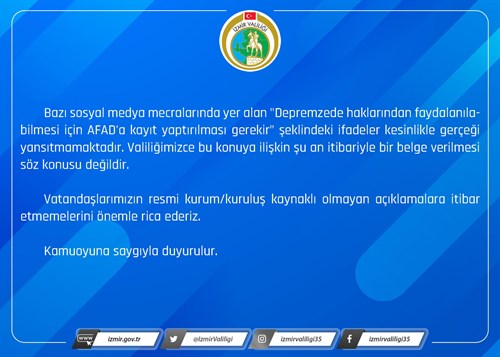 "DEPREMZEDE HAKLARINDAN FAYDALANILABİLMESİ İÇİN AFAD'A KAYIT YAPTIRILMASI GEREKİR" ŞEKLİNDEKİ İFADELER KESİNLİKLE GERÇEĞİ YANSITMAMAKTADIR.